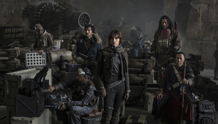 Star Wars: Rogue One..L to R: Actors Riz Ahmed, Diego Luna, Felicity Jones, Jiang Wen and Donnie Yen..Photo Credit: Jonathan Olley..?Lucasfilm 2016